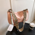 Pink cylinder shoulder bag with a colorful geometric wide strap and hanging strap - Pink