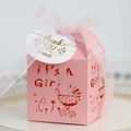 Macro view of pink laser-cut baby shower favor box with stroller and It's A Girl text - Pink (With Tag)