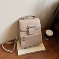 Chic light brown PU leather backpack with silver chain detail and square buckle - Khaki