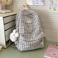 Grey checkered school backpack for girls with cute plush bunny pendant and stylish bow logo - Gray With Pendant