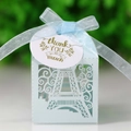 Dettaglio scatola regalo tagliata al laser con Torre Eiffel e nastro in organza - Blu Chiaro Perlato