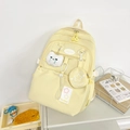 Waterproof cream yellow casual backpack with side pockets and plush cat charm - With Charm / Yellow