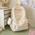 Fashionable beige and orange checkered school backpack with cute rabbit plush keychain - Light Khaki With Pendant