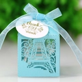 Macro shot of light blue Eiffel Tower laser-cut candy box with ribbon and thank you tag - Turquoise Blue