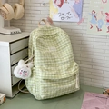 Light green and white plaid backpack for girls with lace trim and plush bunny charm - Green with Pendant