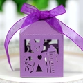 Close-up of laser-cut purple gift box with baby bear and milk bottle pattern and ribbon - Dark Purple