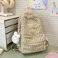 Fashionable yellow and purple plaid school backpack for girls with cute rabbit plush pendant - Yellow with Pendant