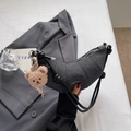 Dark grey denim crescent bag with knotted strap and cute plush bear charm detail - Black with Pendant
