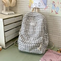 Grey and white checkered backpack featuring lace floral trim and a stylish front brand logo - Grey Without Pendant