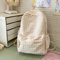 Cream and white plaid fabric backpack with STLANG logo for high school students - Light Khaki Without Pendant