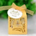 Detailed laser-cut Eiffel Tower favor box in gold with thank you tag and ribbon - Gold