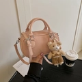 Pink litchi texture Boston bowling bag with cute plush bear charm for women - Pink (With Pendant)