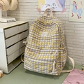 Checkered canvas backpack for students in vibrant yellow and blue with floral patterns - Yellow Without Pendant