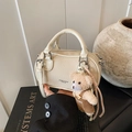 Beige faux leather bowling bag with lychee texture and cute bear pendant charm - Rice White (With Charm)