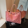 Pink and orange leopard print canvas tote bag with large capacity and ribbon handles - Pink