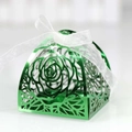 Laser-cut green metallic wedding favor box with rose pattern and white ribbon bow - Green