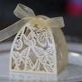 Macro shot of laser-cut butterfly candy box made of pearlescent paper with gold ribbon bow - Jewelry Cream Star