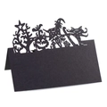 Halloween black laser cut place cards featuring witch and pumpkin for party table decor - Black