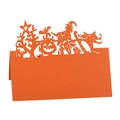Laser-cut orange Halloween place card featuring witch, pumpkin, and bat cutout silhouettes - Orange Red