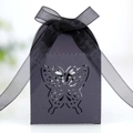 Détail d'une boîte cadeau papillon ajourée noire mate avec ruban en organza élégant - Noir