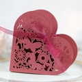 Laser cut heart candy box in burgundy with floral butterfly patterns and ribbon bow - Dark Red