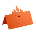 Detail of laser-cut orange Halloween place card with castle and skull design - Orange Red