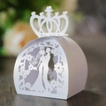Laser-cut white wedding favor box with romantic couple silhouette and crown handle - White