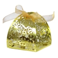 Golden laser-cut hollow gift box with floral heart patterns and champagne ribbon - Reflective Golden Yellow