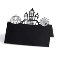 Laser cut black Halloween place card with pumpkin and castle silhouette on white background - Black Khaki