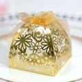 Detailed laser-cut floral pattern on golden wedding favor box with a delicate organza bow - Reflective Gold