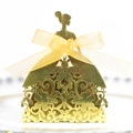 Laser cut hollow wedding gift box in elegant gold dress shape with yellow mesh bow - Reflective Gold