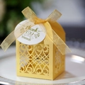 Laser-cut yellow gift box with elegant vine pattern and gold organza ribbon for weddings - Gold