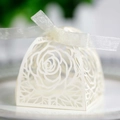 Detailed laser-cut rose pattern on premium white paper wedding candy gift box with silk ribbon - Ivory