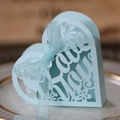 Detail of light blue heart-shaped gift box with laser-cut flowers and ribbon bow - Thank you Style / 9*8*3cm / Pearl Pale Blue
