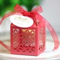 Detailed laser-cut hollow pattern on red candy box with thank you tag and ribbon - Pearlescent Red