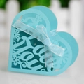 Detailed laser-cut For You pattern on heart-shaped blue wedding favor box with ribbon - Tiffany Blue