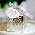 Silver laser-cut hollow wedding candy box with satin ribbon and Thank You tag detail - Reflective Silver