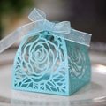 Light blue laser-cut wedding candy box with rose pattern and silk ribbon bow - Tiffany Blue