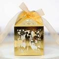 Close-up of golden laser-cut wedding favor box with bride and groom silhouette and ribbon - Reflective Gold