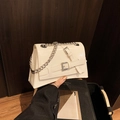 Creamy white patent leather crossbody square bag with silver chain and metal buckle - White