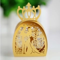 Detail of laser-cut Mr & Mrs wedding favor box with gold crown and bride groom silhouette - Gold