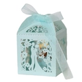 Laser-cut light blue wedding favor box with bride groom silhouettes and ribbon bow - Pearl Pale Blue
