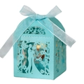 Sky blue laser-cut wedding candy box with couple silhouette and elegant ribbon bow - Tiffany Blue