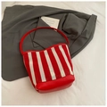 Fashionable red and white vertical striped mesh bucket tote bag with leather handles - Red Small