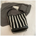Fashionable black and white striped mesh tote bag with black leather straps - Black Large