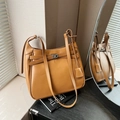 Brown PU leather bucket bag with silver twist lock and adjustable shoulder strap - Yellow Brown