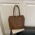 Minimalist caramel brown large tote bag in matte leather finish with long shoulder straps - Brown