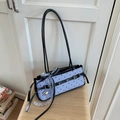 Detail of blue striped shoulder bag with heart prints and polka dot ribbon bow decoration - Blue Stripe