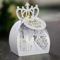 Detailed laser cut wedding candy box with bride and groom silhouette and crown top - With Tag / White