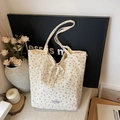 Quilted floral canvas tote bag with pink flower pattern and decorative ribbon - Off White